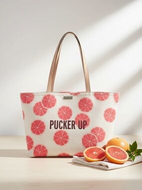 🍊 Kate Spade Pucker Up Grapefruit Tote Citrus Print Canvas Leather Zip Bag